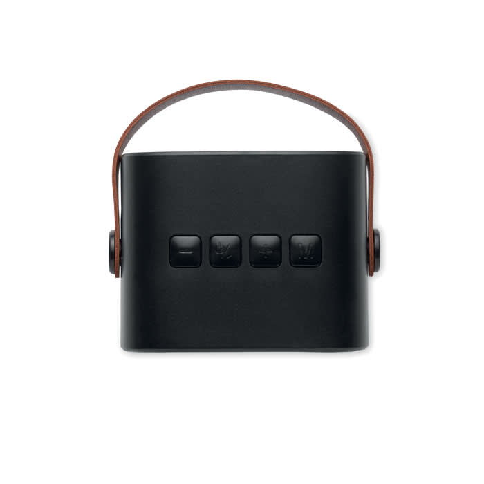 A drink bottle in black with a leather strap and four buttons on the front. It features a simple, modern design.