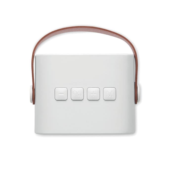 A white rectangular device with a leather handle and four buttons on the front. It has a minimalist design.