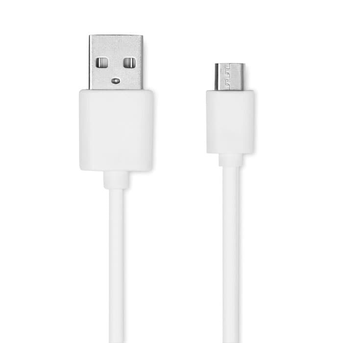 A charging cable with a USB connector on one end and a micro USB connector on the other, both in white.
