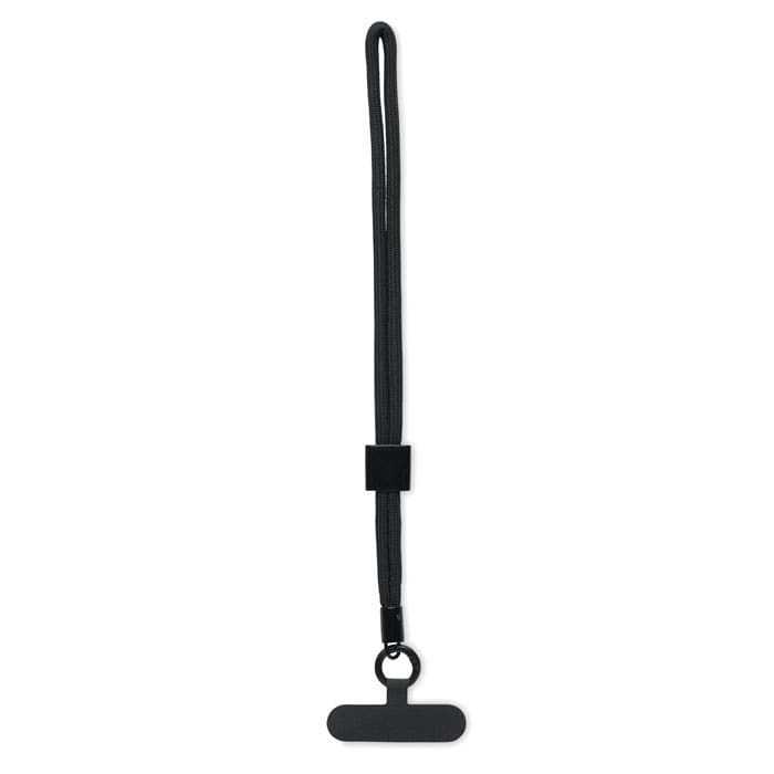 A black wrist strap with a loop and a flat attachment point. The design is sleek and minimalistic.