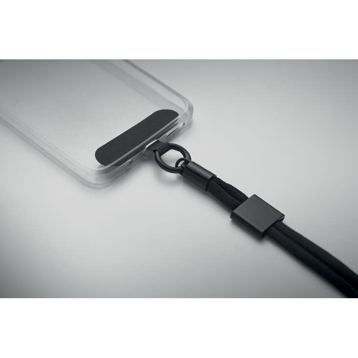 A transparent phone case with a black strap attachment for easy carrying. It features a sleek, minimalistic design.