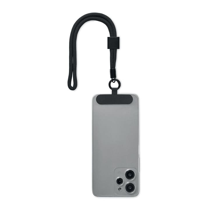A mobile phone with a black strap attached, featuring a sleek grey design and a camera on the back.