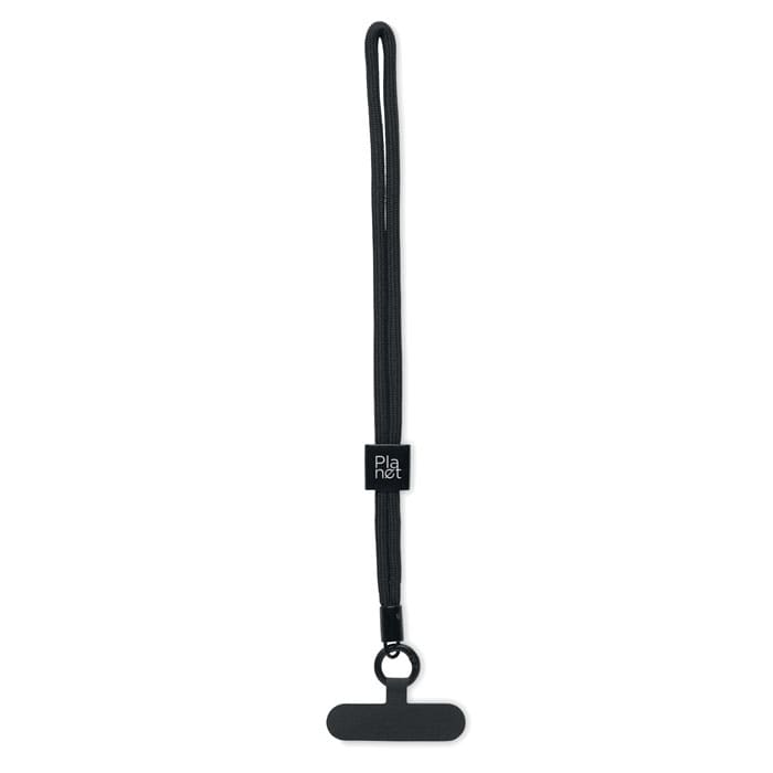 A black wrist strap with a looped end and a branded logo in the middle.