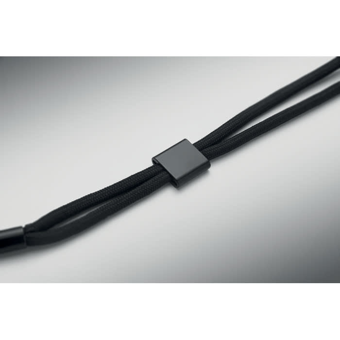 A black wrist strap with a rectangular adjuster, featuring a minimalist design.