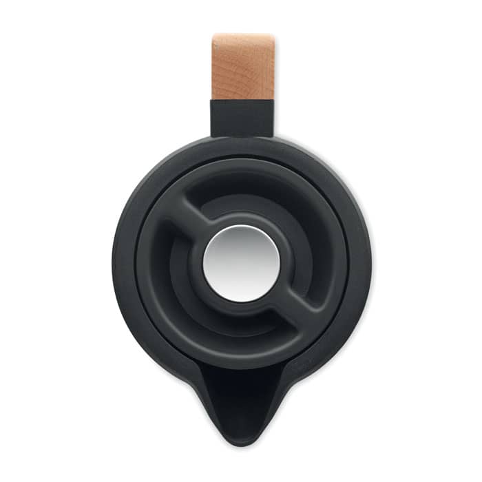A drink bottle lid in black with a wooden handle and a circular design for easy pouring.