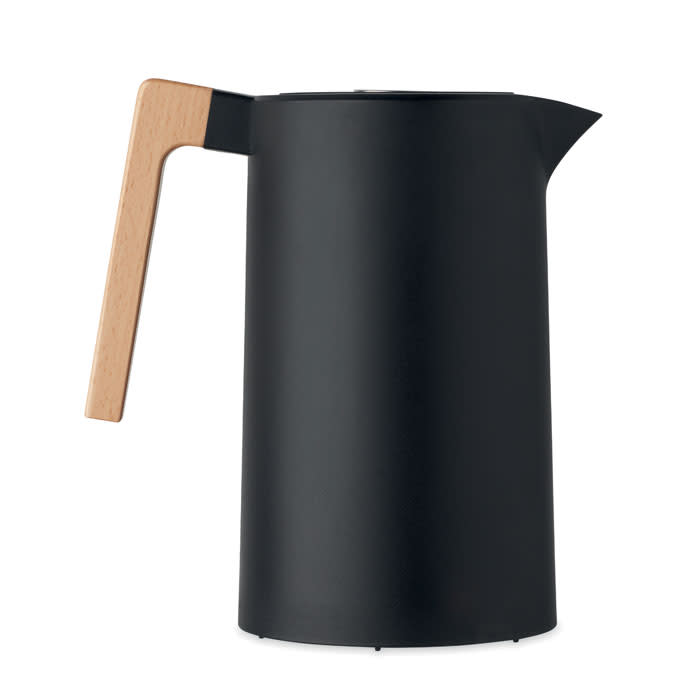 A drink bottle in matte black with a wooden handle and a sleek, modern design. It features a spout for pouring.