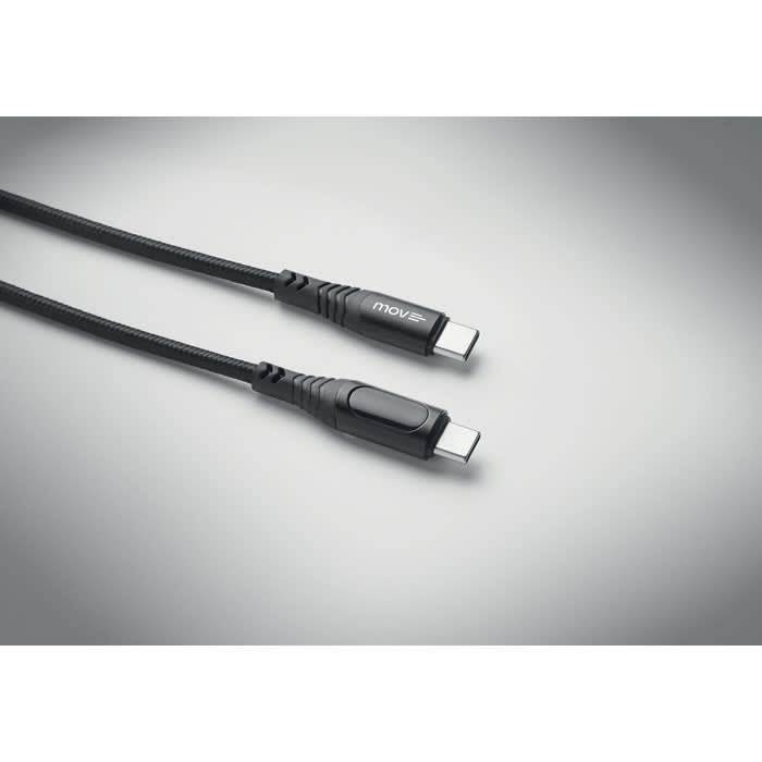A black braided USB cable featuring two Type-C connectors and a branded section.