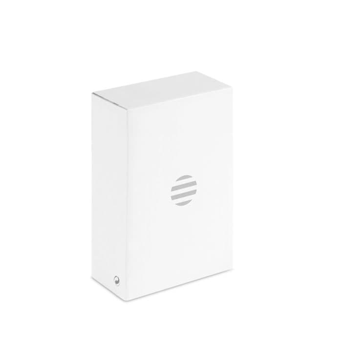 A white product box featuring a simple logo design on the front, with a clean and modern appearance.