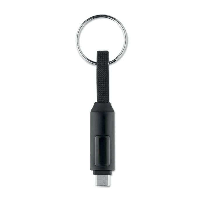 A keychain USB device in black, featuring a textured grip and a metal ring for attachment.