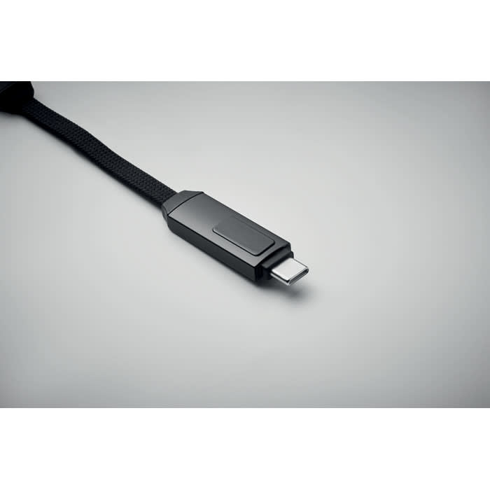 A black USB-C cable with a textured, sturdy connector and a woven strap for easy handling.