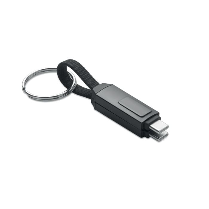 A keychain USB flash drive in sleek black with a fabric strap and metal keyring.