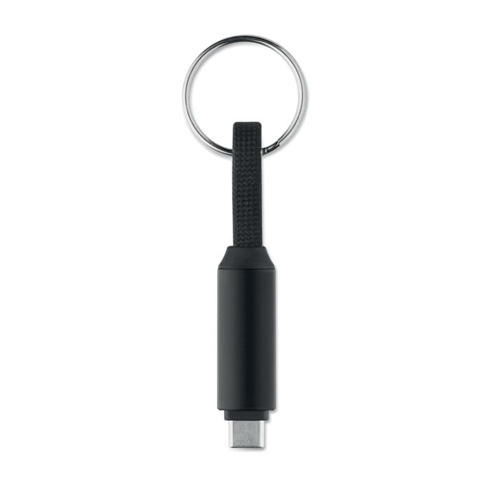 A black keychain featuring a cylindrical attachment with a loop for keys and a textured handle.