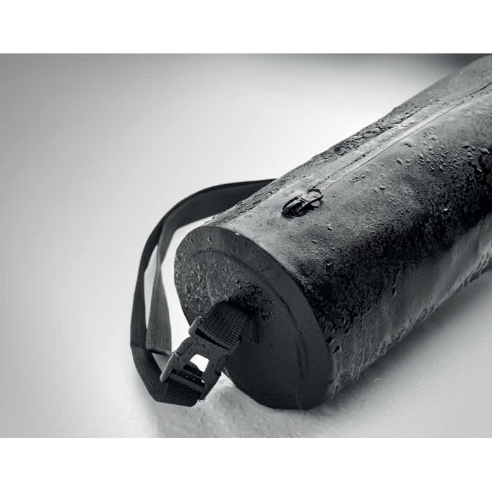 A black drink bottle with a textured surface and a strap, featuring a zip closure. It has a logo on the side.