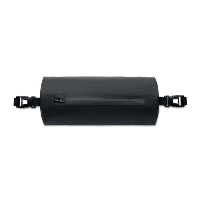 A cylindrical black bag with a zippered pocket and adjustable straps on both ends.