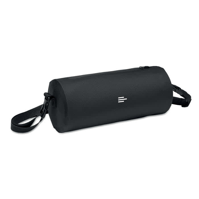 A black cylindrical bag with a strap, featuring a simple logo on the front.