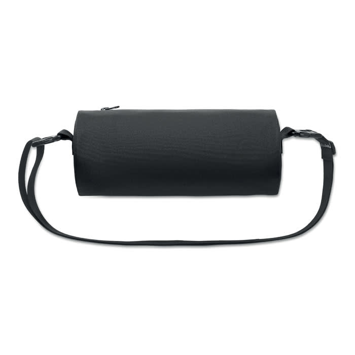 A cylindrical black bag with a shoulder strap and zippered closure. It has a minimalist design.