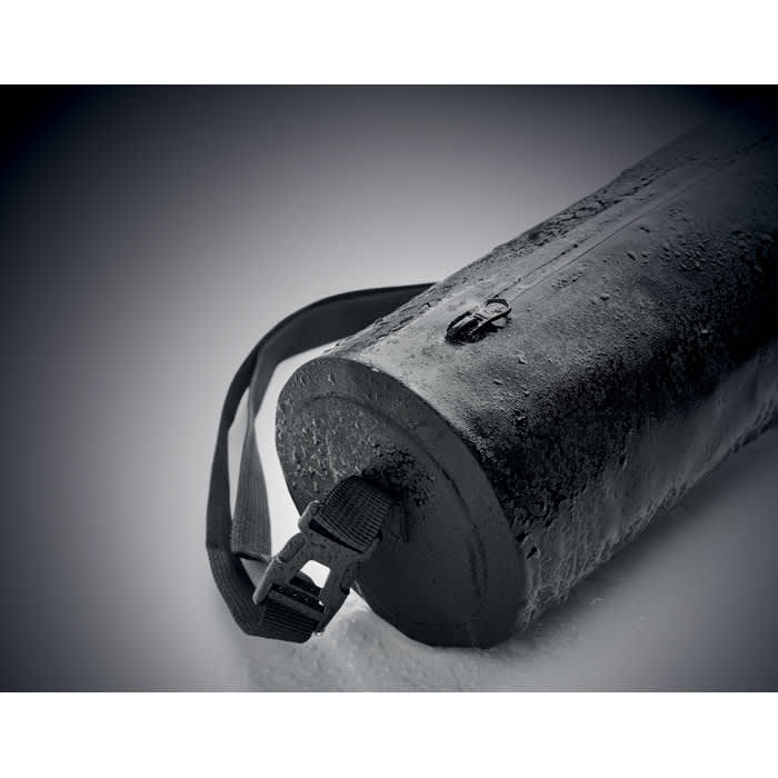 A black cylindrical drink bottle with a strap, featuring a textured surface and a zippered section.