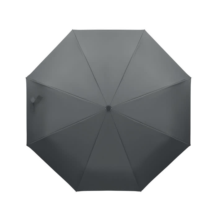 A grey umbrella featuring eight panels and a central handle. It has a simple design with no visible branding.