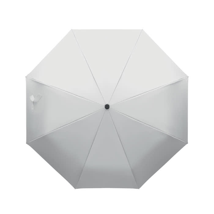 A white umbrella with a central button and eight panels, featuring a simple design and no visible branding.