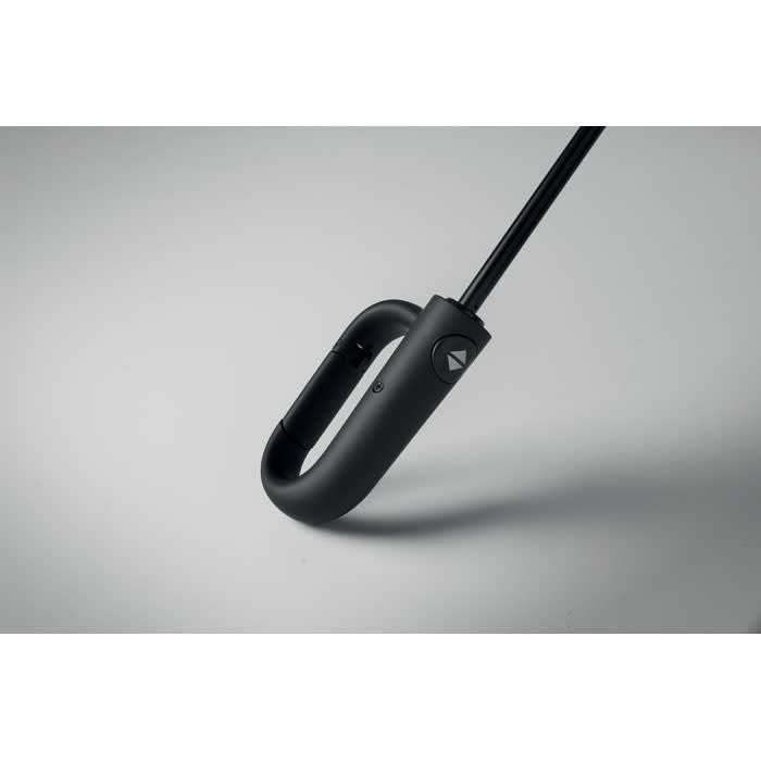 A black drink bottle with a sleek design, featuring a logo and a curved spout for easy drinking.
