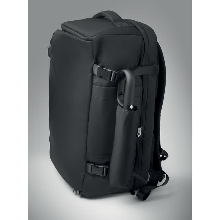 A black backpack with multiple compartments and adjustable straps, featuring a side pocket for an umbrella.