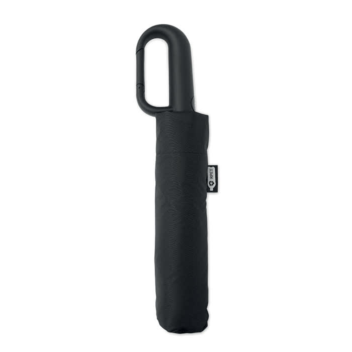 A compact black umbrella with a curved handle, featuring a protective sleeve and a branding label.