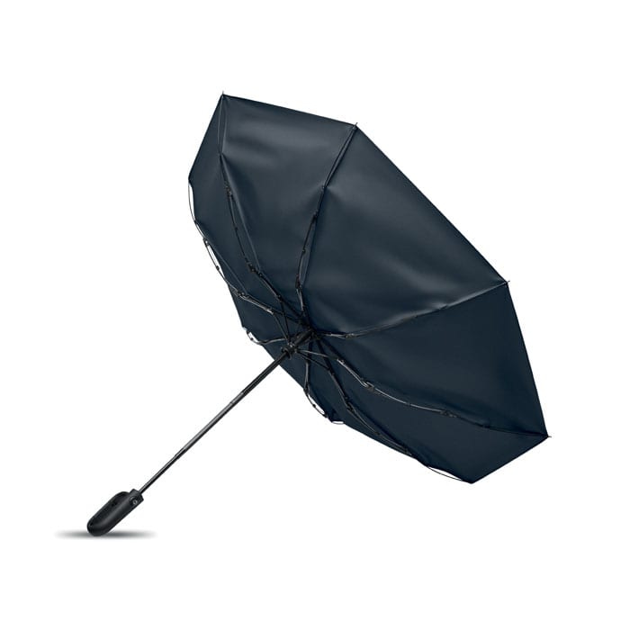 A navy blue umbrella with a black handle, featuring an open canopy and a sleek design.