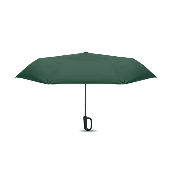 A green umbrella with a black handle, featuring a simple and sleek design.