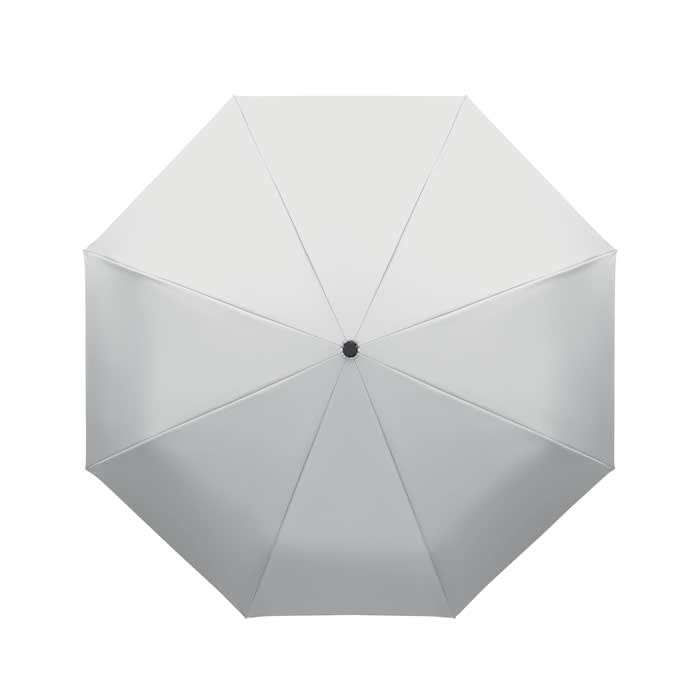 A white umbrella with a central black button, featuring eight evenly spaced panels.