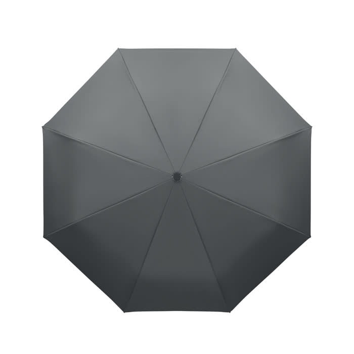 A grey umbrella with a circular shape and eight panels, featuring a central shaft and opening mechanism.