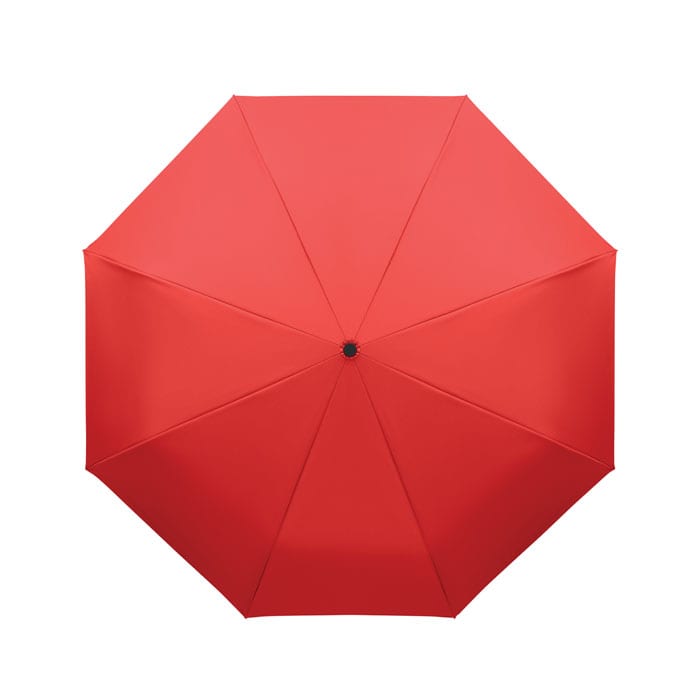 A red, eight-panel umbrella with a central hub, featuring a solid colour design and a small logo.