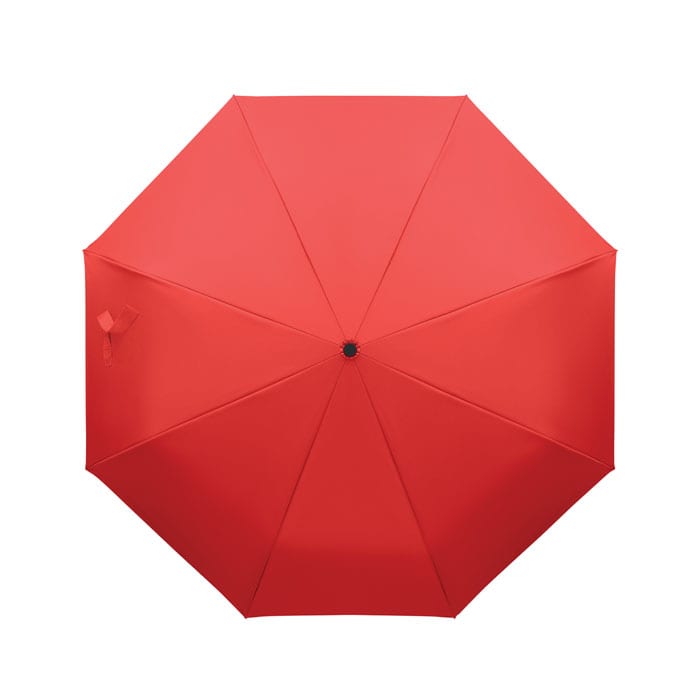 A red umbrella with an octagonal design, featuring a central button and a fabric canopy.