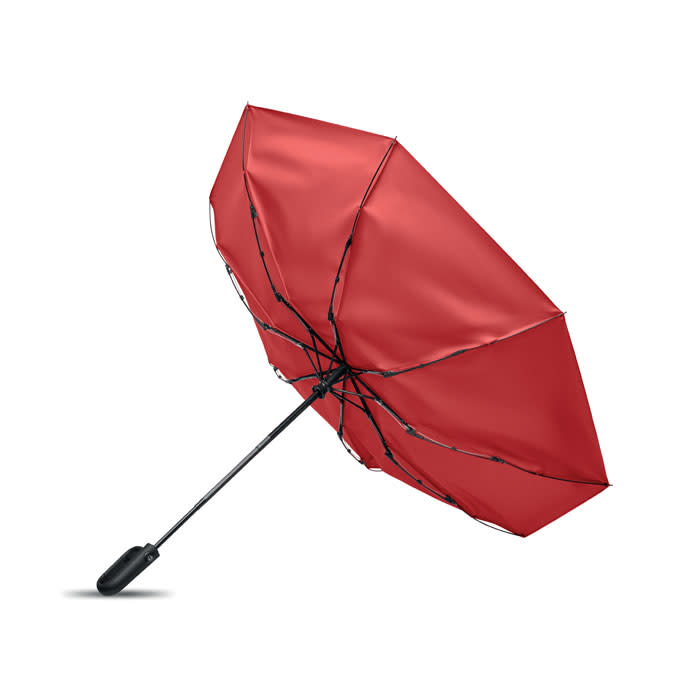 A red umbrella with a black handle and frame, showcasing a sleek and modern design.