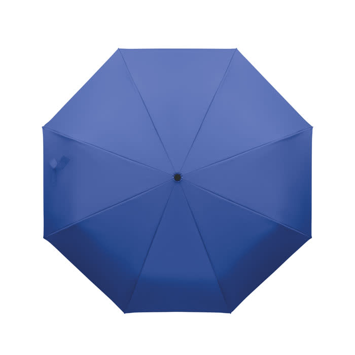 A blue umbrella with an octagonal shape, featuring a central button and a black hub.