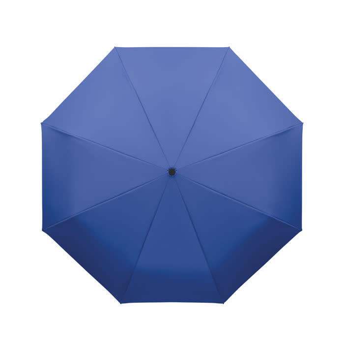 A blue umbrella with an octagonal shape and a central opening mechanism, featuring a simple design.