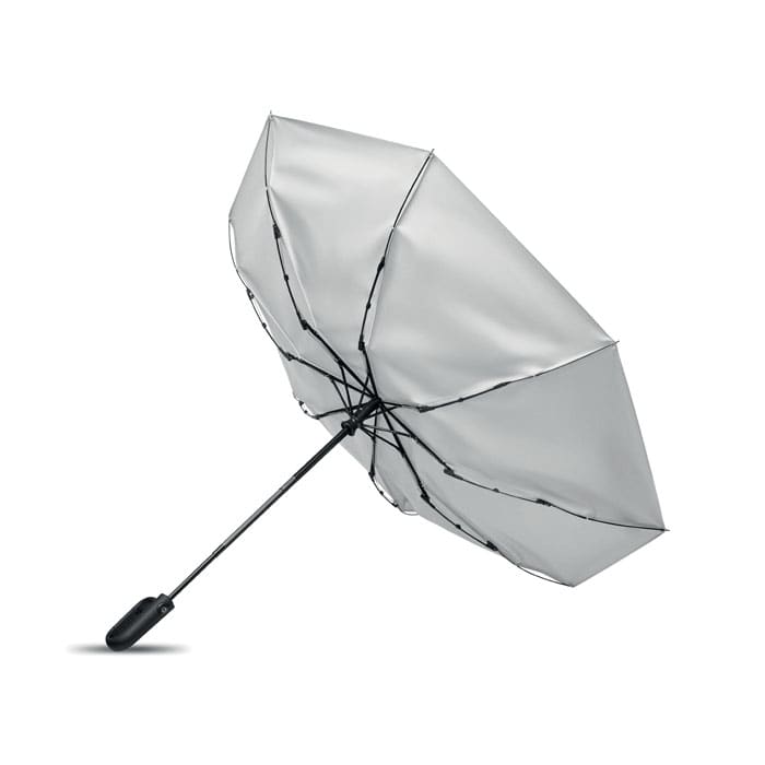 A light grey umbrella with a black handle and frame, opened to display its canopy. It features a logo on the handle.