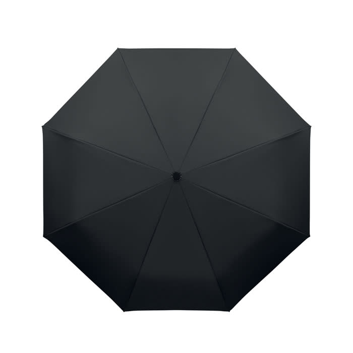 A black umbrella with a classic octagonal design, featuring a central opening mechanism.