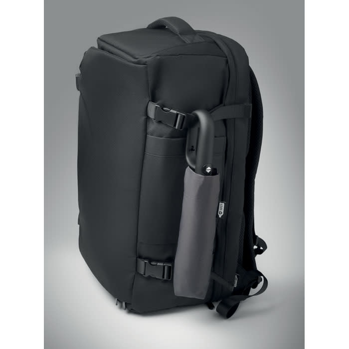 A black backpack featuring adjustable straps and a side pocket for an umbrella. The bag has a sleek design and a logo.