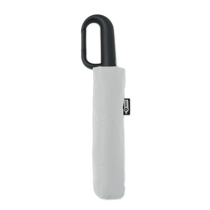 A compact umbrella in a grey cover with a black handle, featuring a branding label.