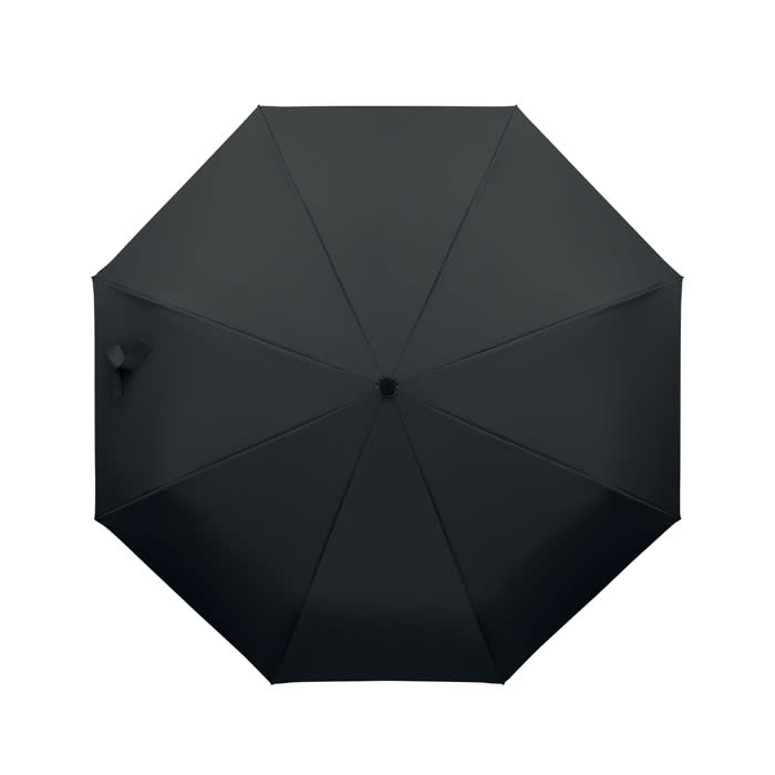 A black umbrella with a circular shape and a central button for opening and closing. It features eight panels.