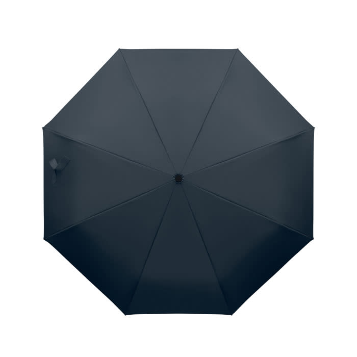 A dark navy umbrella with a simple design, featuring an open canopy and a central hub. It has a small logo on one side.