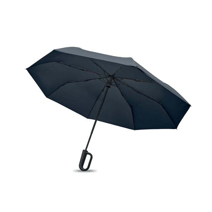 A collapsible black umbrella with a curved handle and a solid canopy, featuring a branding logo.