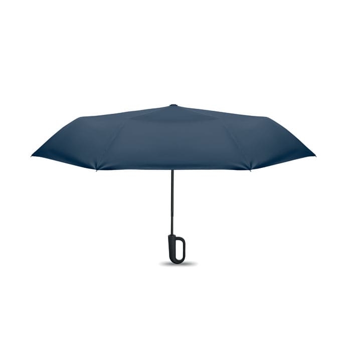 A navy umbrella with a straight handle and a curved design, featuring a logo on the handle.
