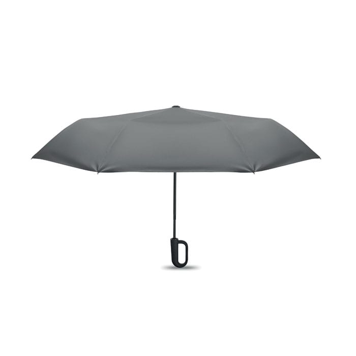 A grey umbrella with a curved handle and a sleek design, featuring a sturdy frame.