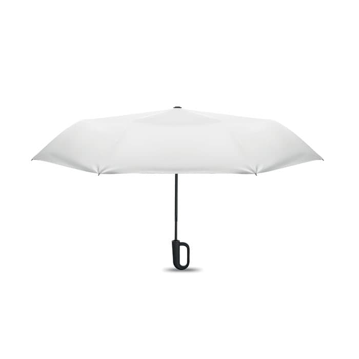 A white umbrella with a black handle and a straight design, featuring a central shaft and canopy.
