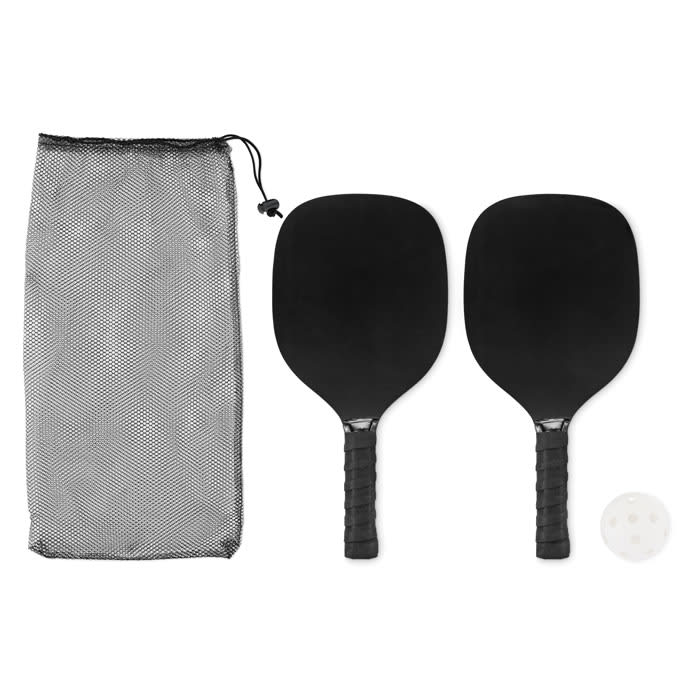A set of two black paddles with grips and a white ball, packaged in a mesh drawstring bag.