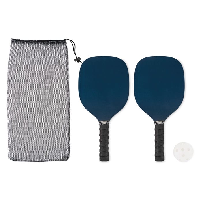 A set of two blue pickleball paddles with black grips, accompanied by a white ball and a mesh storage bag.