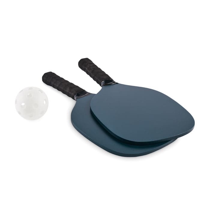 A set of two blue pickleball paddles with black grips and a white pickleball. The paddles have a simple design.