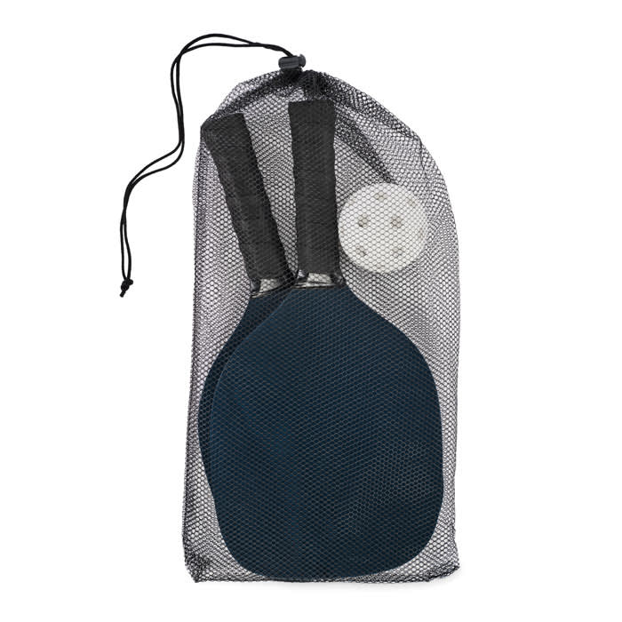 A paddle set featuring two blue paddles and a white ball, packaged in a black mesh drawstring bag.