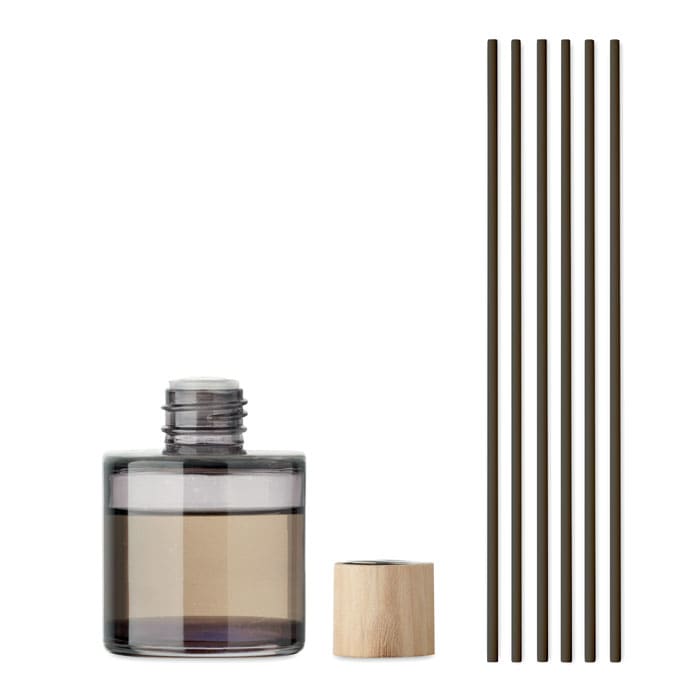 A drink bottle in smoky grey with a bamboo lid, accompanied by six matching dark straws.